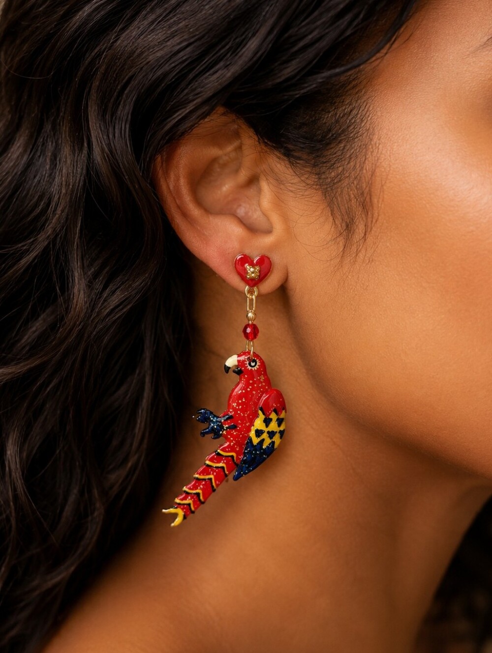 Lunch at the Ritz Signed Parrot Dangle Colorful Enamel Statement Earrings